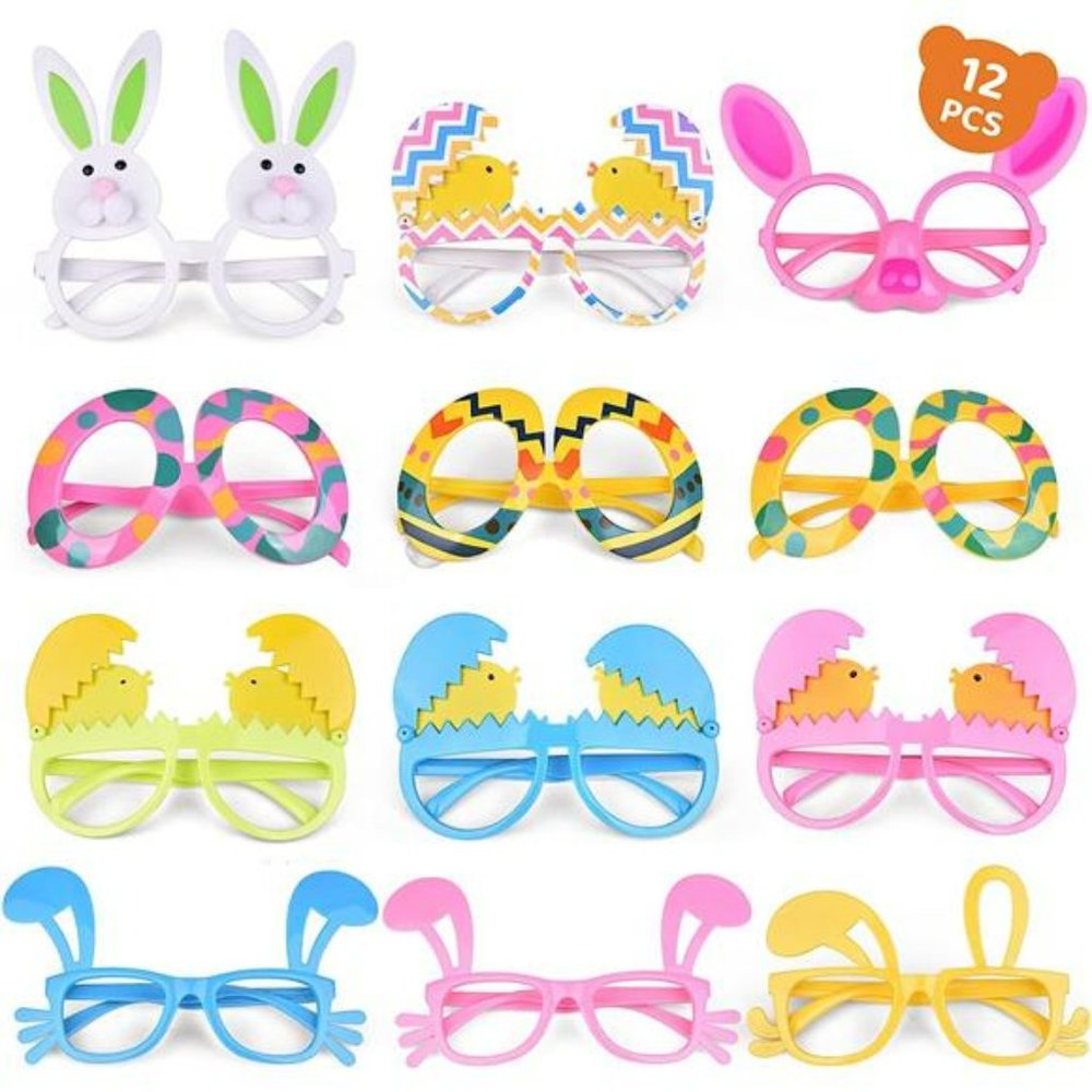 12PCS Easter Party Glasses, Easter Bunny Ears, Chick, Eggs Glasses for Kids